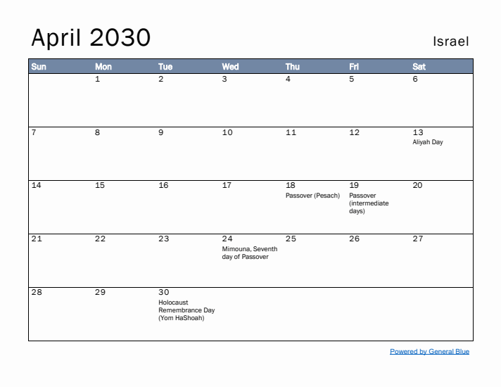 April 2030 Simple Monthly Calendar for Israel