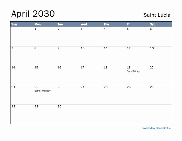 April 2030 Simple Monthly Calendar for Saint Lucia