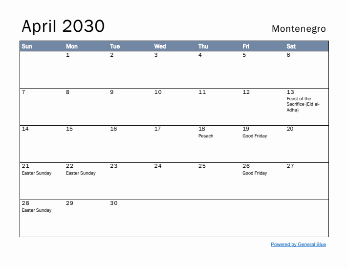 April 2030 Simple Monthly Calendar for Montenegro
