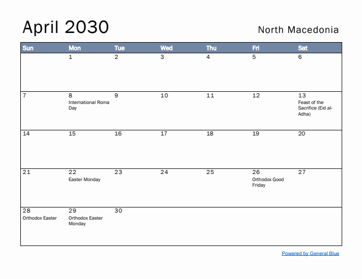 April 2030 Simple Monthly Calendar for North Macedonia