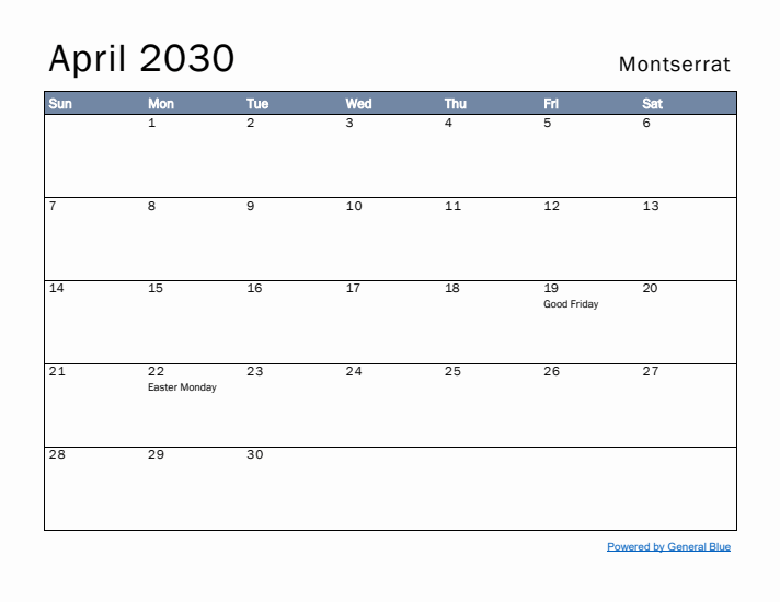 April 2030 Simple Monthly Calendar for Montserrat