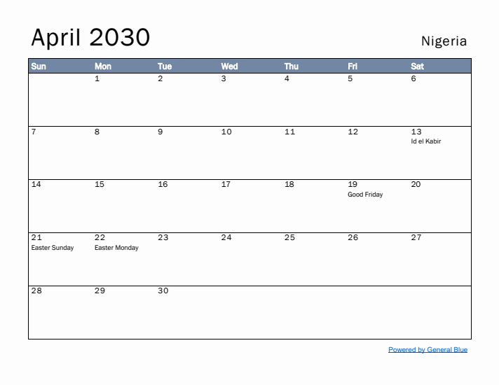 April 2030 Simple Monthly Calendar for Nigeria