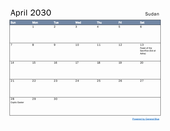 April 2030 Simple Monthly Calendar for Sudan