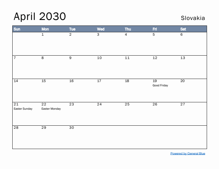 April 2030 Simple Monthly Calendar for Slovakia
