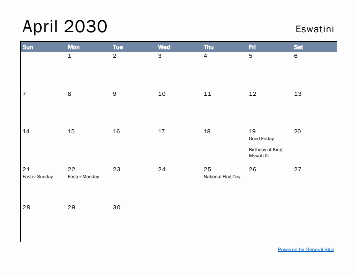 April 2030 Simple Monthly Calendar for Eswatini