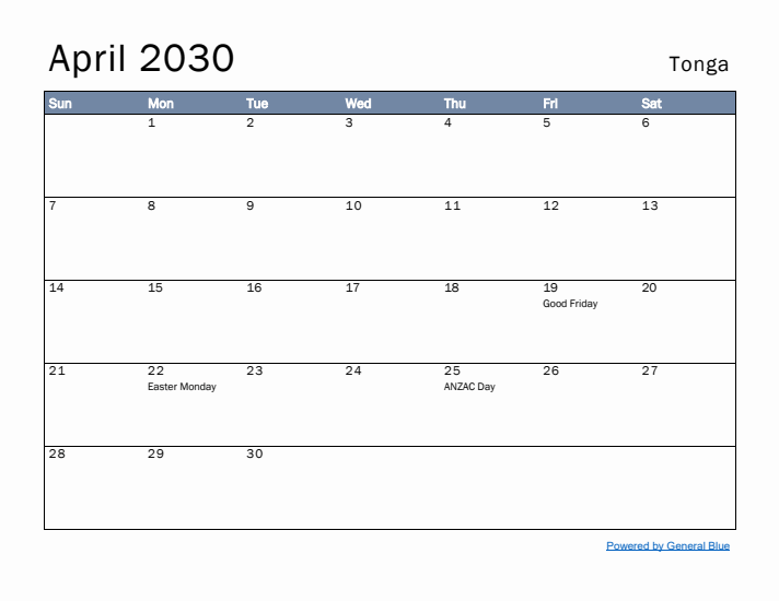 April 2030 Simple Monthly Calendar for Tonga