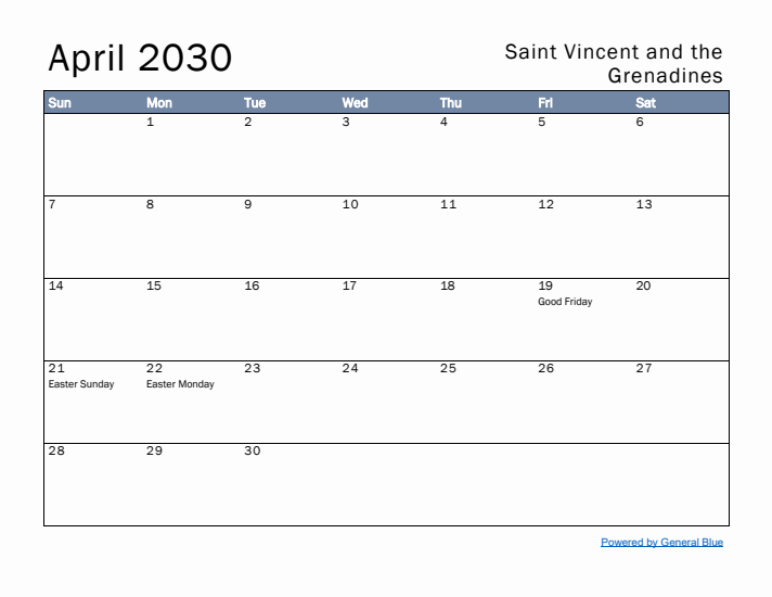April 2030 Simple Monthly Calendar for Saint Vincent and the Grenadines