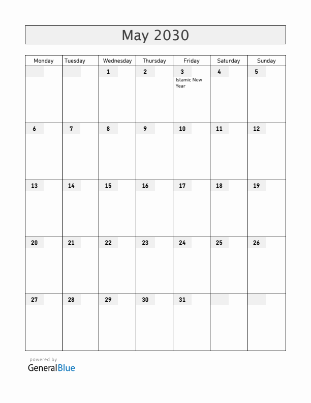 United Arab Emirates May 2030 Calendar with Holidays