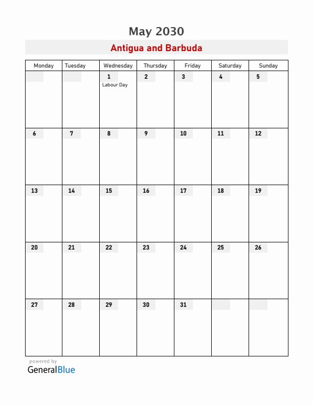 Antigua and Barbuda May 2030 Calendar with Holidays