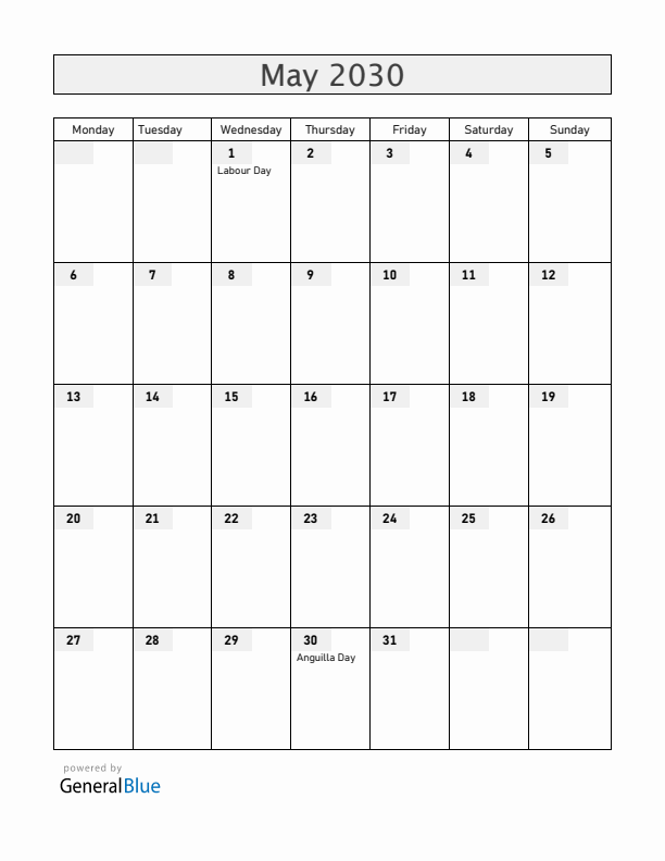 Anguilla May 2030 Calendar with Holidays