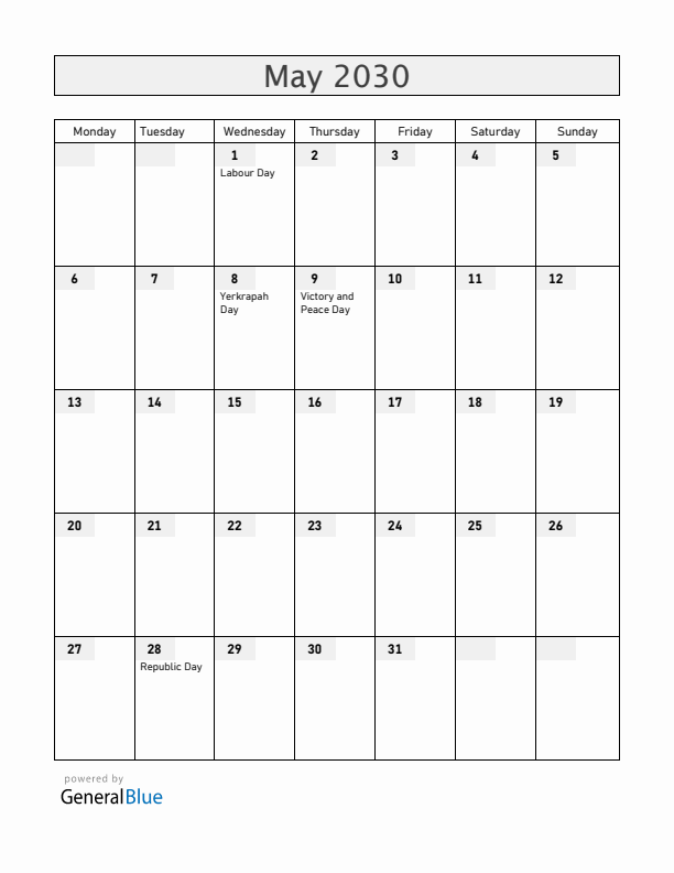 Armenia May 2030 Calendar with Holidays
