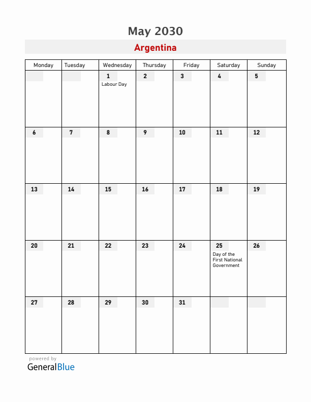 Argentina May 2030 Calendar with Holidays