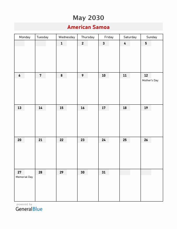 American Samoa May 2030 Calendar with Holidays