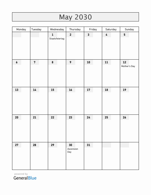 Austria May 2030 Calendar with Holidays