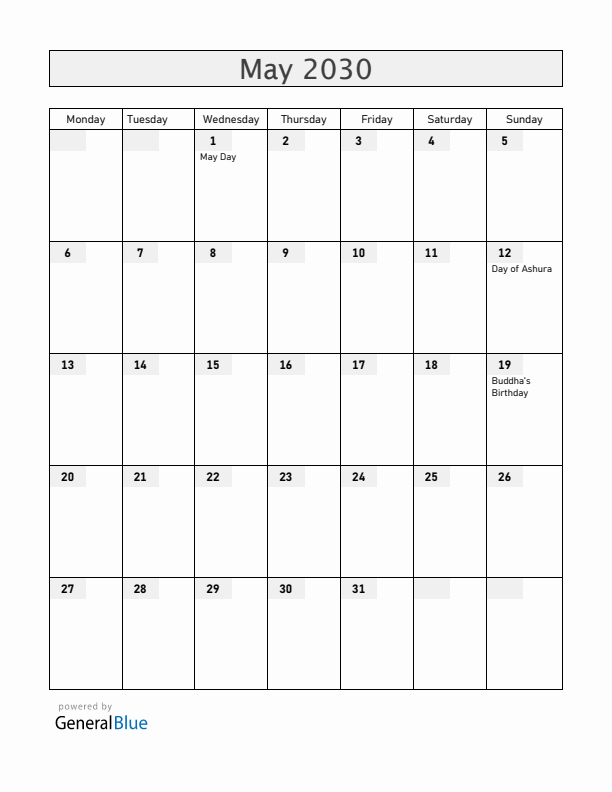 Bangladesh May 2030 Calendar with Holidays