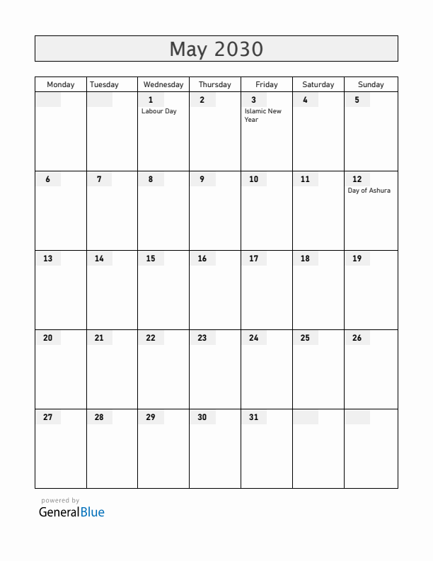 Bahrain May 2030 Calendar with Holidays