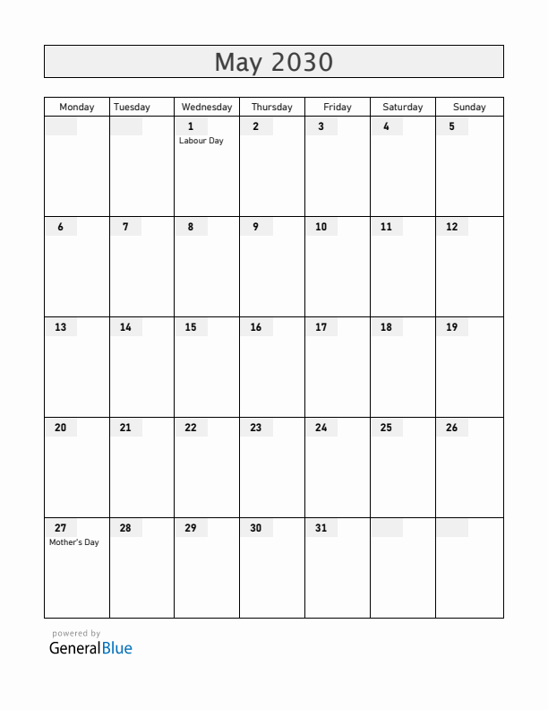 Bolivia May 2030 Calendar with Holidays