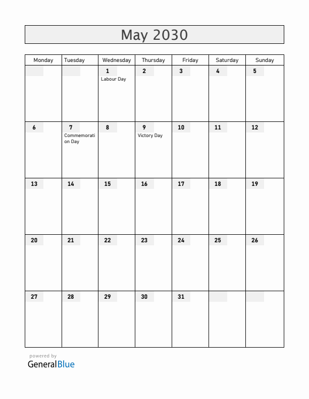 Belarus May 2030 Calendar with Holidays