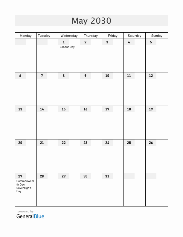 Belize May 2030 Calendar with Holidays