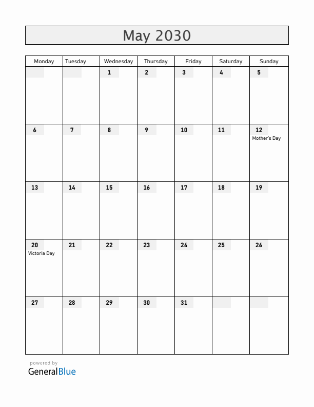 Canada May 2030 Calendar with Holidays