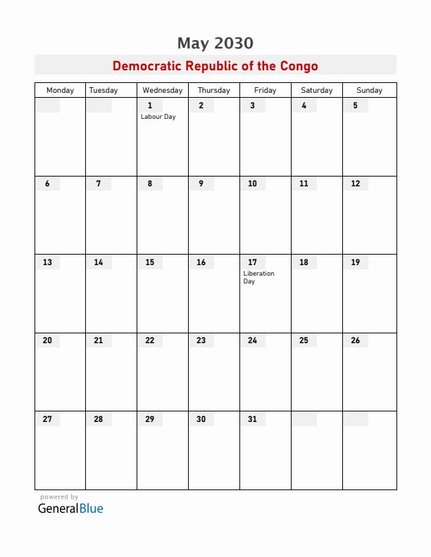 Democratic Republic of the Congo May 2030 Calendar with Holidays