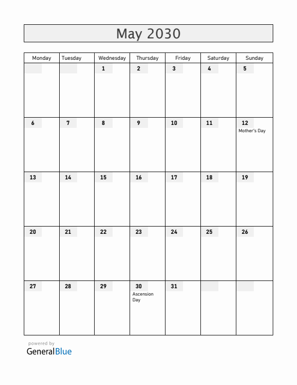 Switzerland May 2030 Calendar with Holidays
