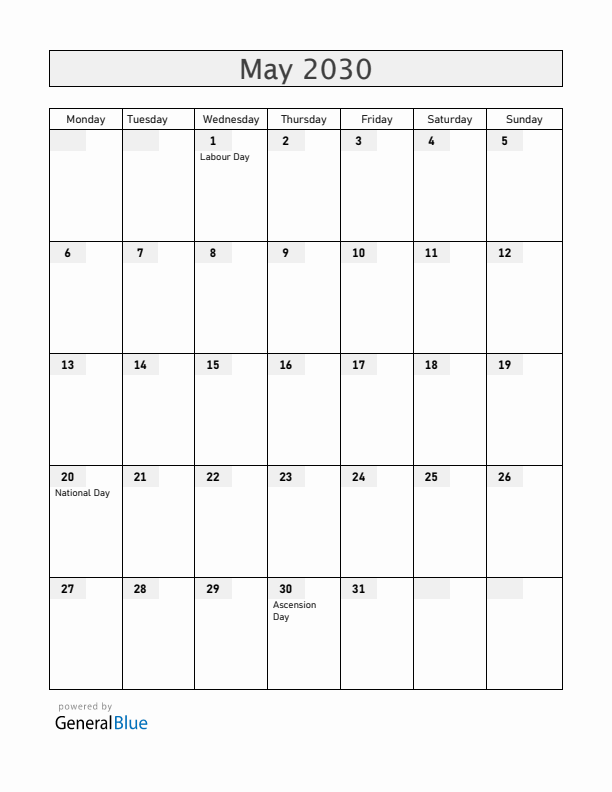 Cameroon May 2030 Calendar with Holidays