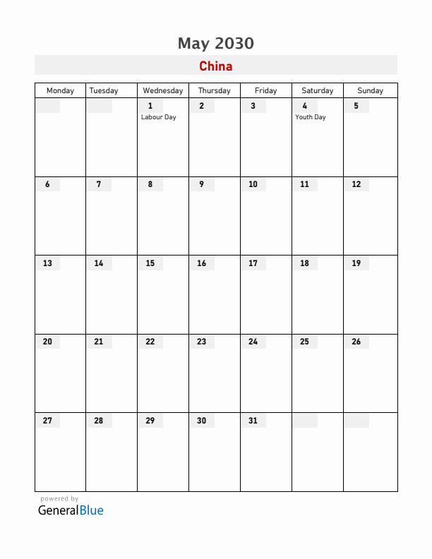China May 2030 Calendar with Holidays