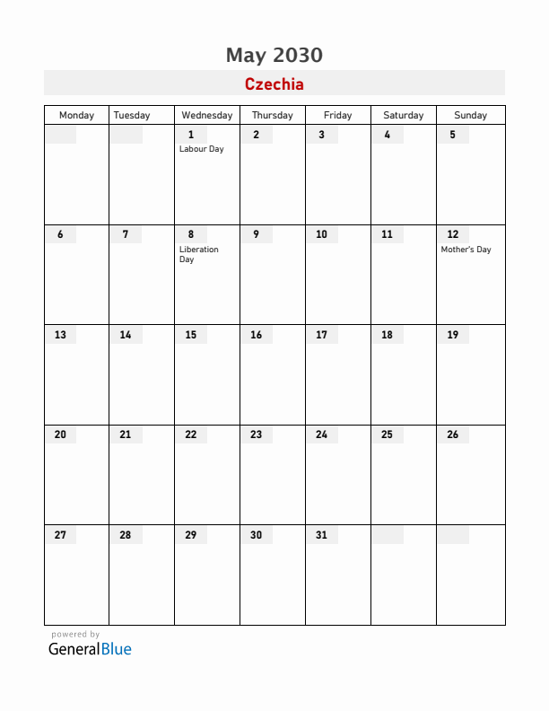 Czechia May 2030 Calendar with Holidays