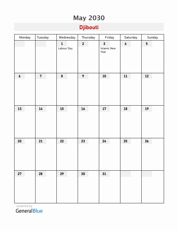 Djibouti May 2030 Calendar with Holidays