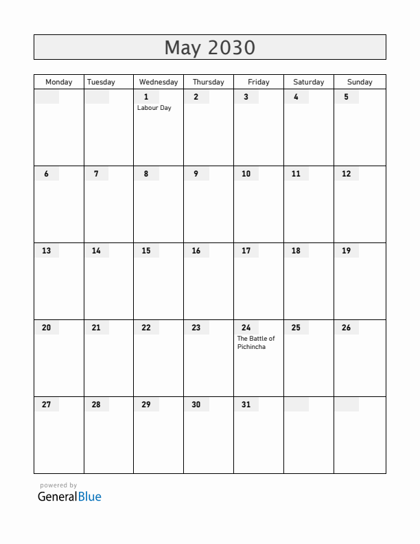 Ecuador May 2030 Calendar with Holidays