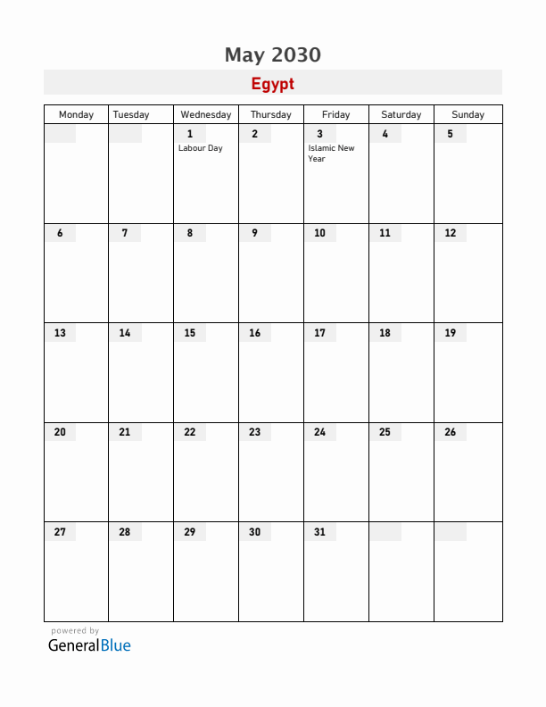 Egypt May 2030 Calendar with Holidays