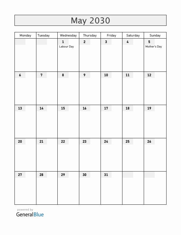 Spain May 2030 Calendar with Holidays