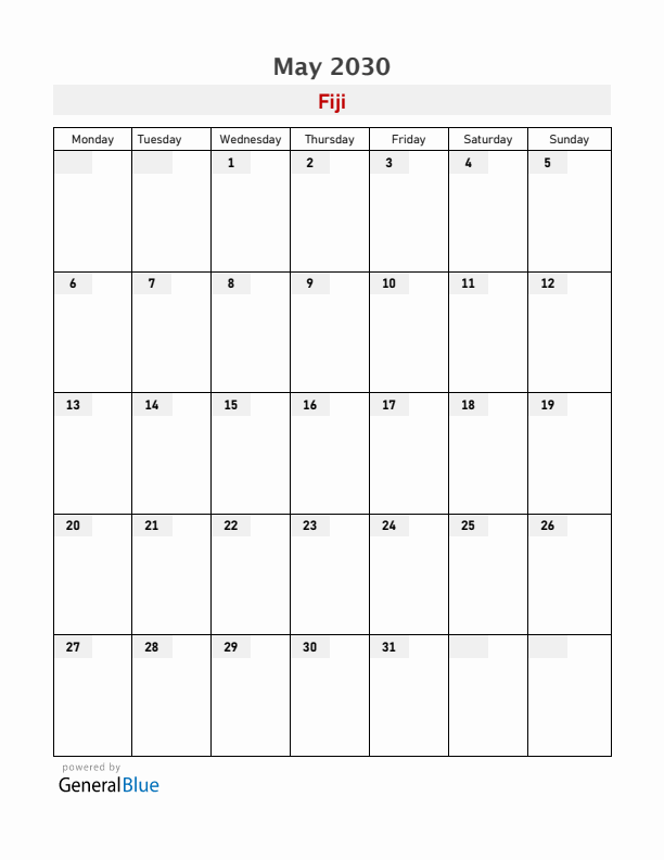 Fiji May 2030 Calendar with Holidays