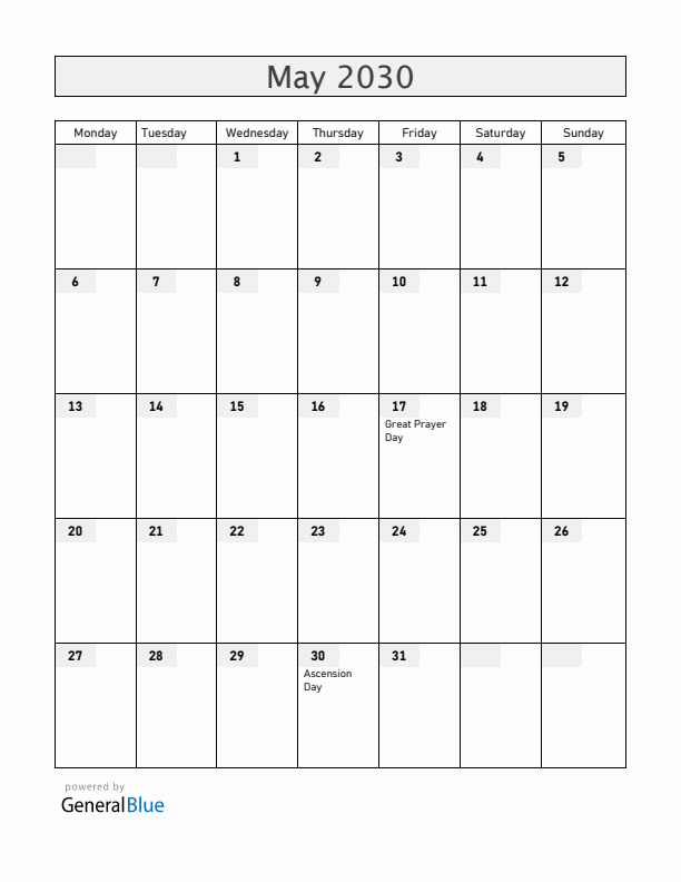 Faroe Islands May 2030 Calendar with Holidays