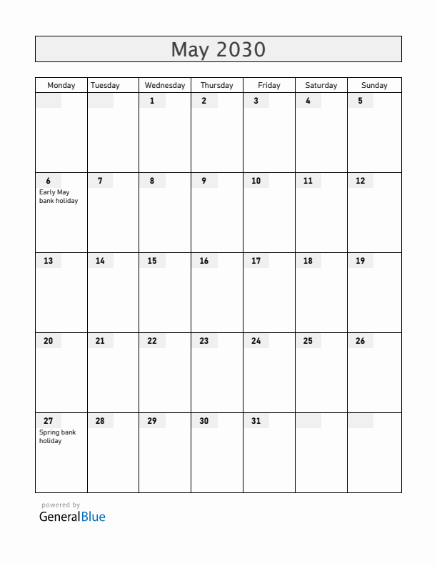 United Kingdom May 2030 Calendar with Holidays
