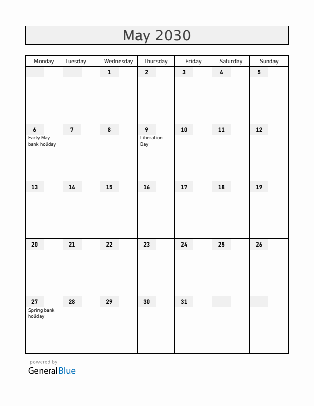Guernsey May 2030 Calendar with Holidays