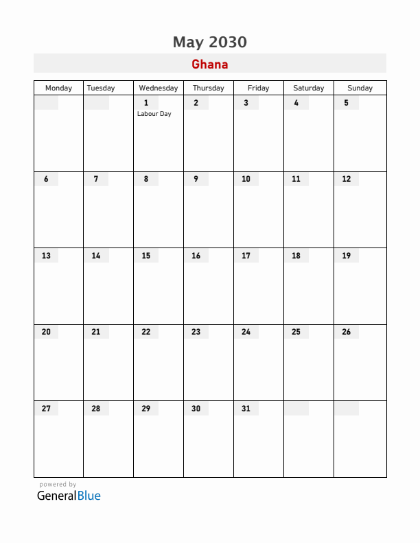 Ghana May 2030 Calendar with Holidays