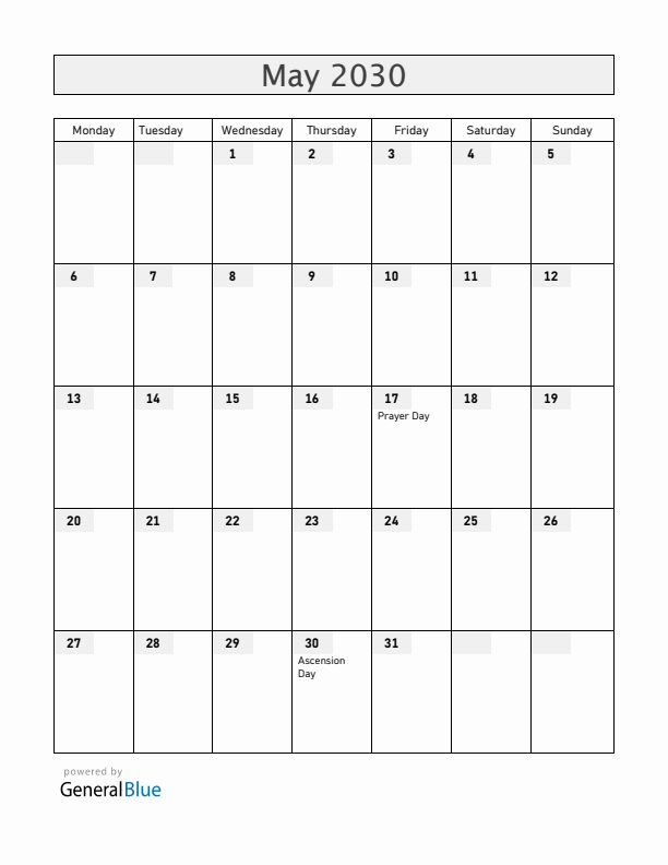 Greenland May 2030 Calendar with Holidays