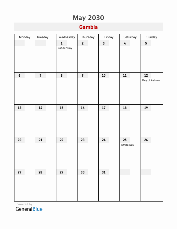 Gambia May 2030 Calendar with Holidays
