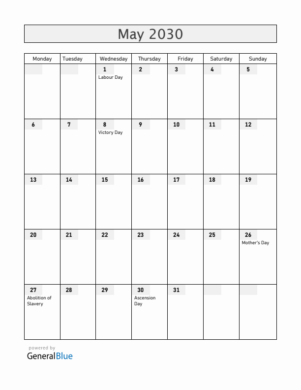 Guadeloupe May 2030 Calendar with Holidays