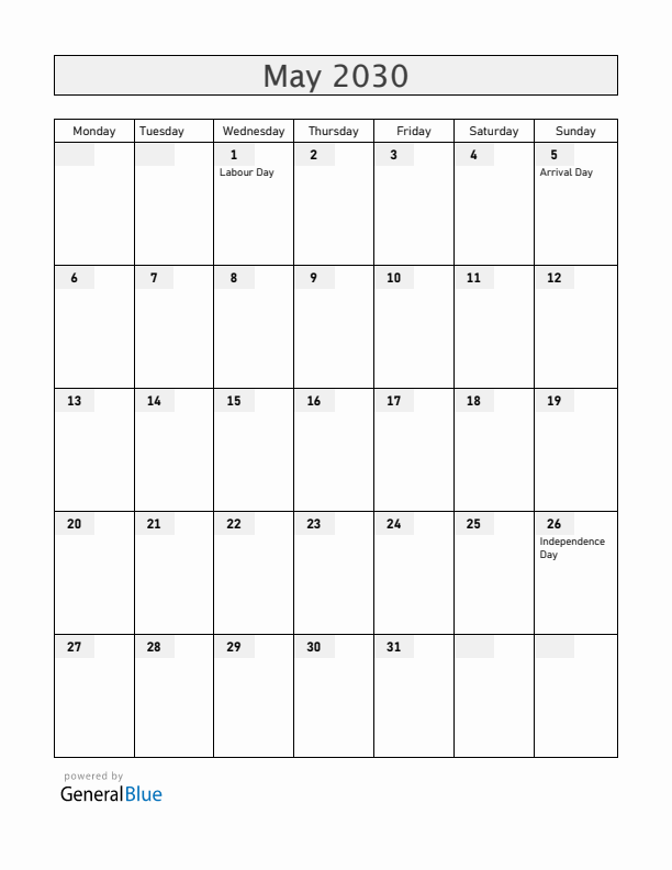 Guyana May 2030 Calendar with Holidays