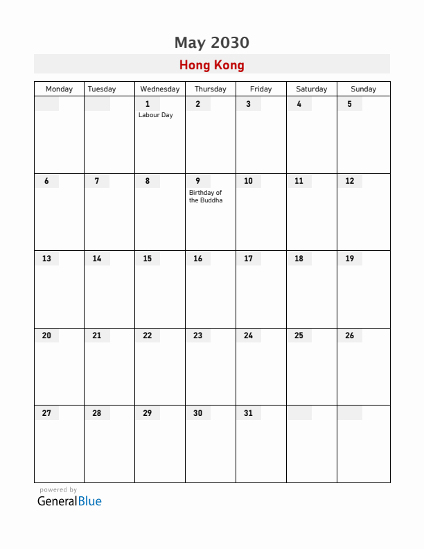 Hong Kong May 2030 Calendar with Holidays