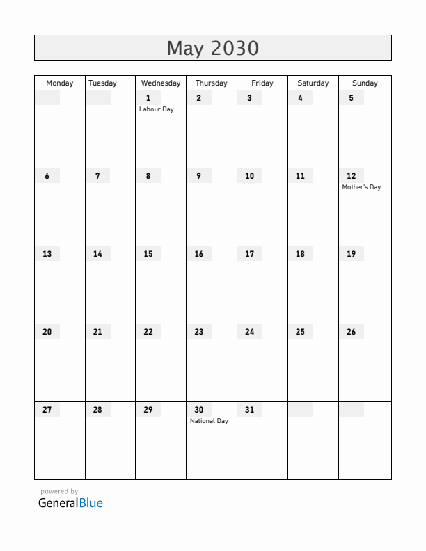 Croatia May 2030 Calendar with Holidays