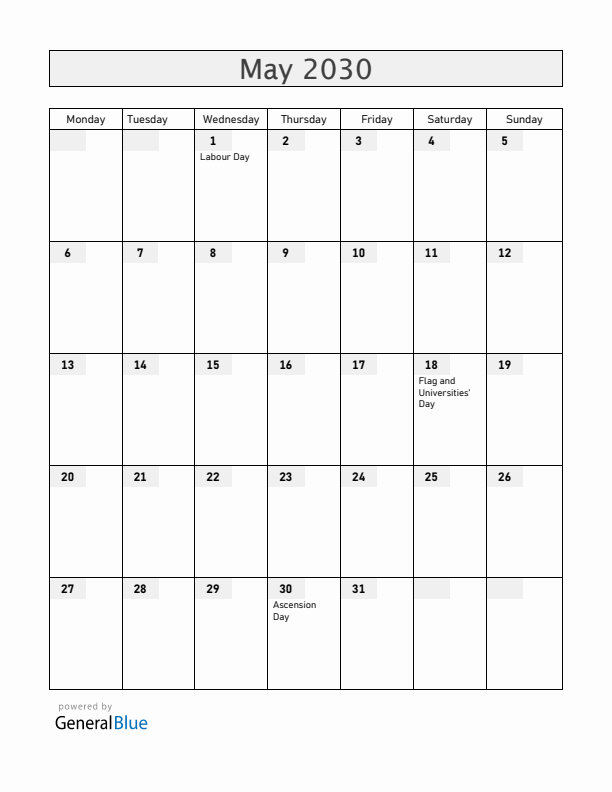 Haiti May 2030 Calendar with Holidays