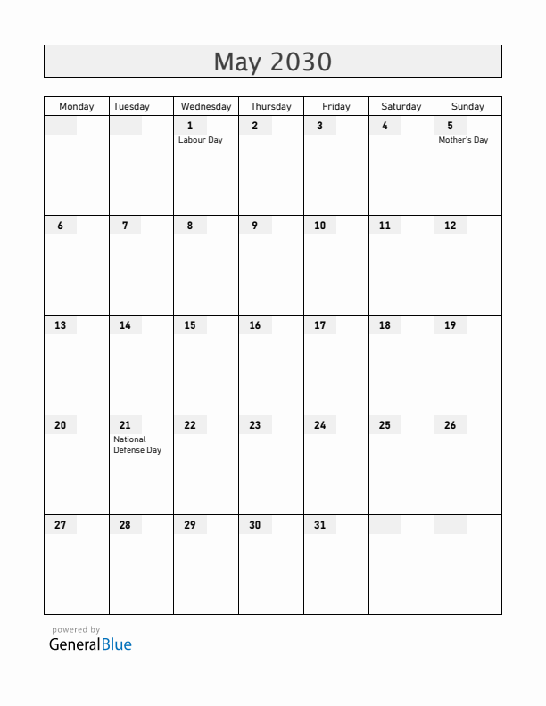 Hungary May 2030 Calendar with Holidays