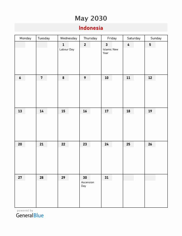 Indonesia May 2030 Calendar with Holidays
