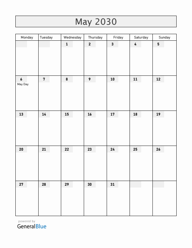 Ireland May 2030 Calendar with Holidays