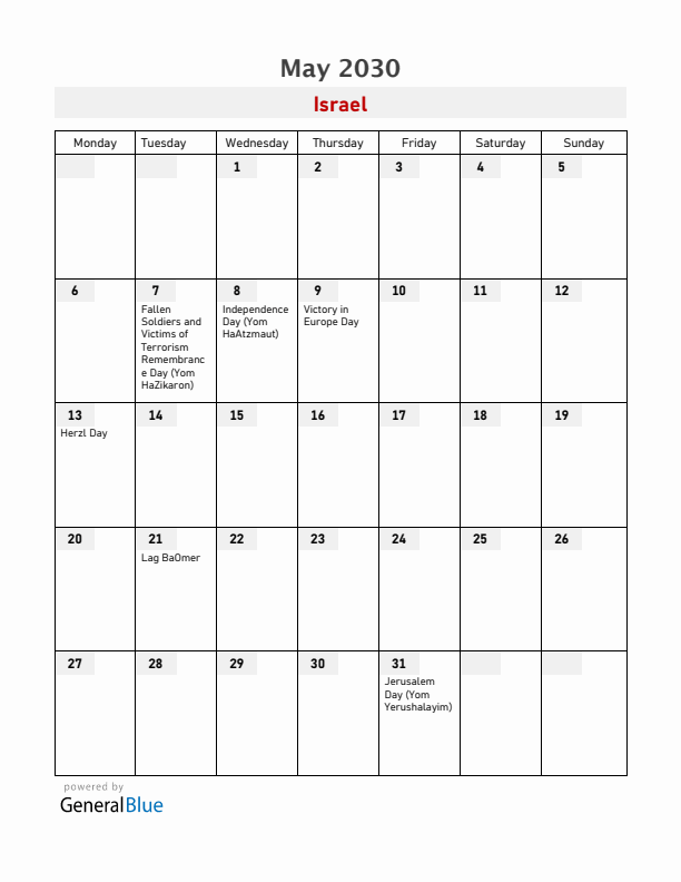 Israel May 2030 Calendar with Holidays