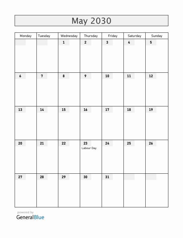 Jamaica May 2030 Calendar with Holidays